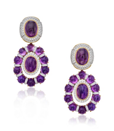 View full screen - View 1 of Lot 29. Pair of Amethyst and Diamond Pendant-Earclips.