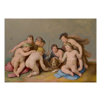 View full screen - View 1 of Lot 103. CORNELIS CORNELISZ. VAN HAARLEM | NUMEROUS CHILDREN AND A DOG IN A LANDSCAPE.