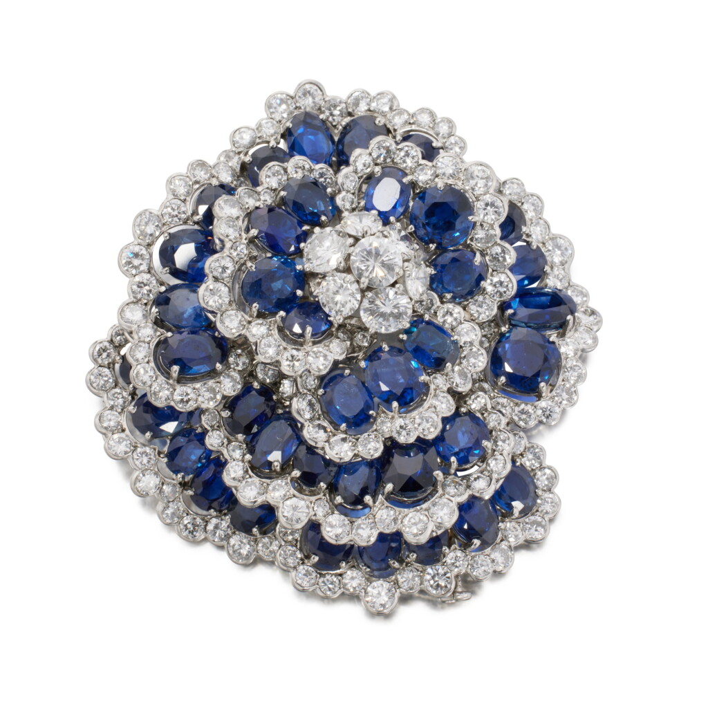 View full screen - View 1 of Lot 162. Sapphire and Diamond 'Camelia' Clip-Brooch, France.
