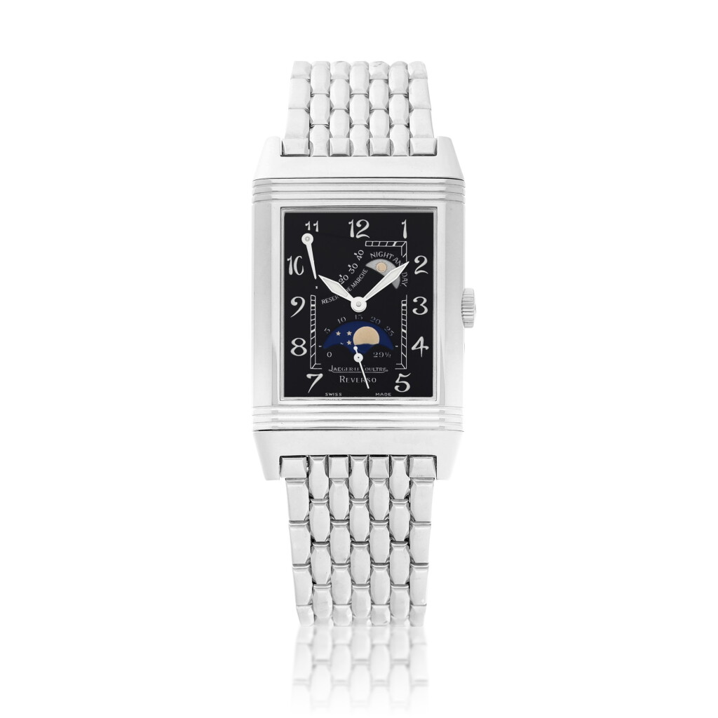View full screen - View 1 of Lot 8183. Reverso, Reference 270.3.63 | A white gold reversible wristwatch with moon phases, power reserve, day and night indication and bracelet, Circa 1996 | 積家 | Reverso 型號270.3.63 | 白金可翻轉鏈帶腕錶,備月相、動力儲備及晝夜顯示,約1996年製.