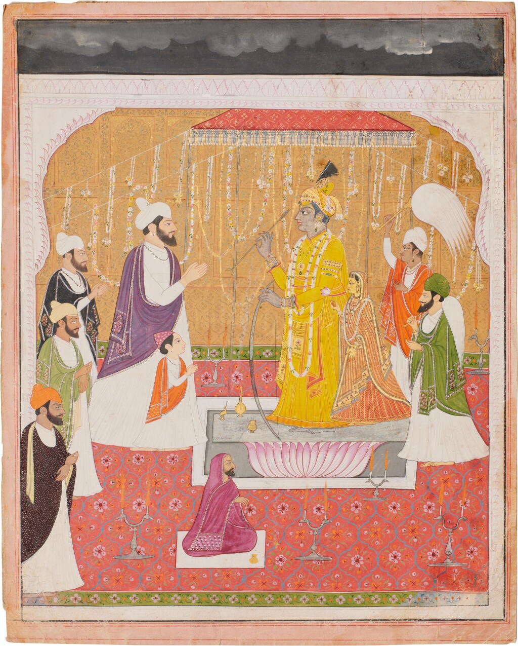 View full screen - View 1 of Lot 596. Raja Sansar Chand and his son Anirudh Chand worshipping images of Shiva and Parvati, attributed to the Guler artist Khushala, India, Kangra, circa 1795.