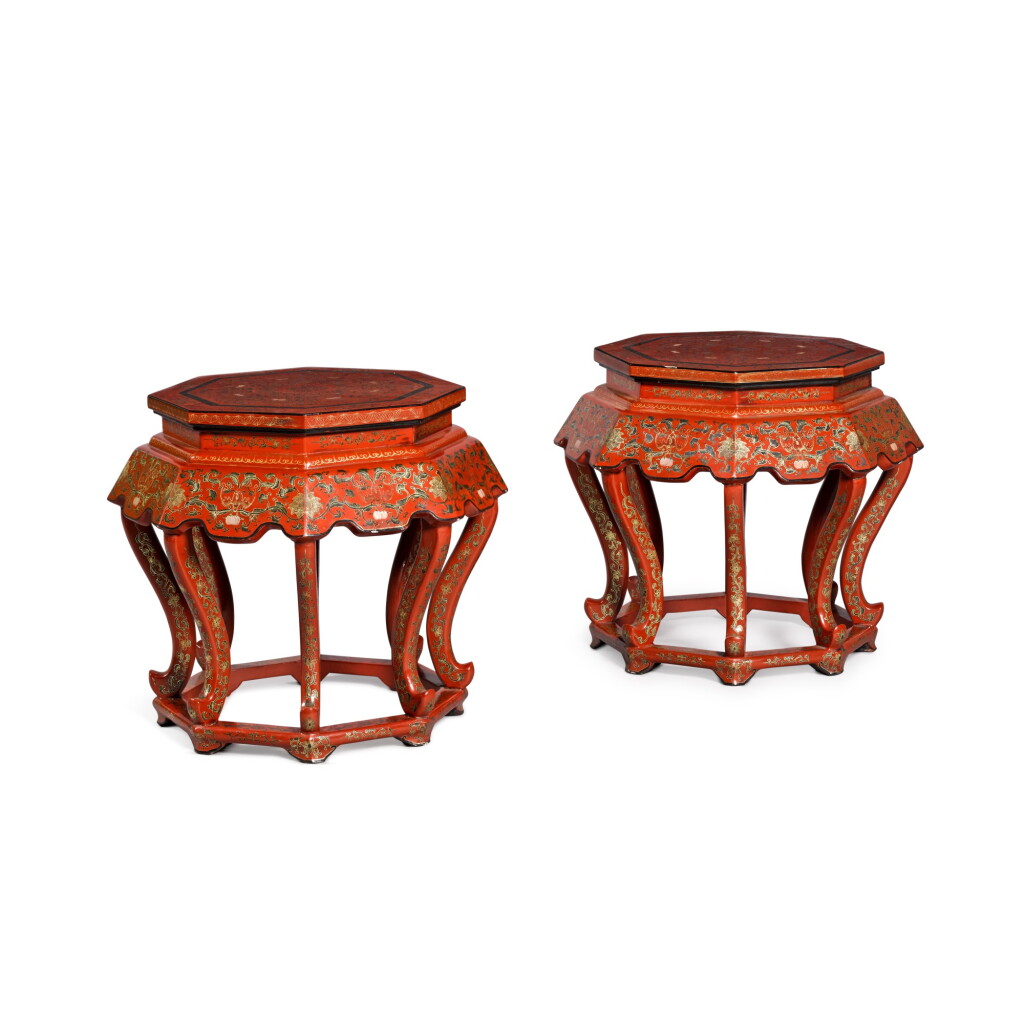 View full screen - View 1 of Lot 44. A pair of Chinese red lacquer octagonal urn stands.