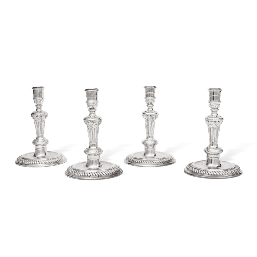 View full screen - View 1 of Lot 39. A Set of Four Early George I Silver Candlesticks of Dutch Interest, Pierre Platel, London, 1714.
