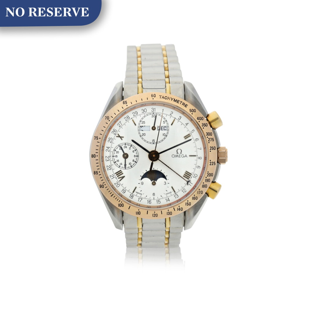 View full screen - View 1 of Lot 141. OMEGA | REFERENCE 175.0044 SPEEDMASTER A STAINLESS STEEL, YELLOW GOLD AND PINK GOLD AUTOMATIC TRIPLE CALENDAR CHRONOGRAPH WRISTWATCH WITH MOON PHASES, 24 HOUR INDICATION AND BRACELET, CIRCA 1990.
