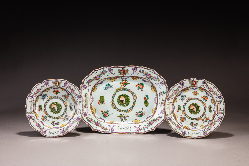 View full screen - View 1 of Lot 395. A rare set of three Chinese Export Armorial dishes for the Portuguese market, Qing dynasty, Qianlong period, circa 1765.