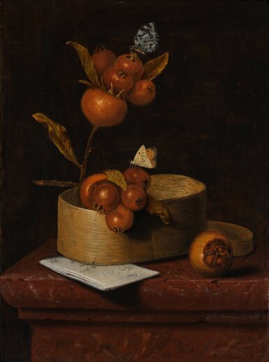 View full screen - View 1 of Lot 19. Still Life with Medlars, a Chip-Wood Box, Butterflies, and a Letter on a Marble Ledge.