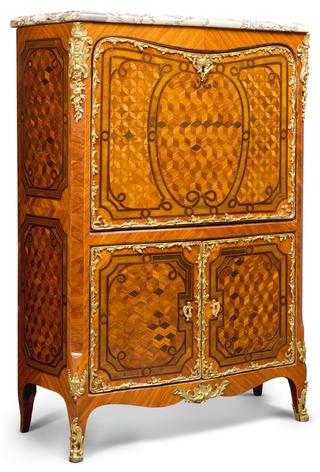 View full screen - View 1 of Lot 150. A TRANSITIONAL AMARANTH MARQUETRY GILT-BRONZE MOUNTED SECRÉTAIRE À ABATTANT CIRCA 1770.
