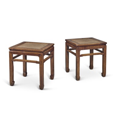 View full screen - View 1 of Lot 75. A pair of 'huanghuali' corner-leg stools (Fangdeng), 17th century.
