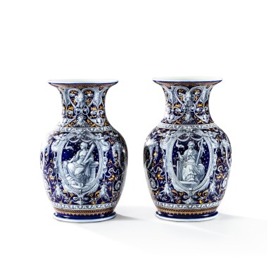 View full screen - View 1 of Lot 59. A pair of gilt and enameled porcelain vases, Boyer decorating workshop, Paris, circa 1850-1880.