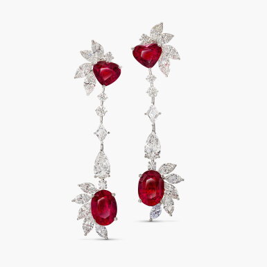 View full screen - View 1 of Lot 1764. Pair of Ruby and Diamond Pendent Earrings | 天然「莫桑比克」未經加熱 紅寶石 配 鑽石 耳墜一對 (紅寶石共重13.68克拉).