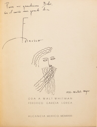 View full screen - View 1 of Lot 177. Oda a Walt Whitman. México, Alcancía, 1933. Très rare édition originale. Avec un portrait original de Walt Whitman par l’auteur et un envoi à Bebe Vicuña. Reliure de Louise Bescond..
