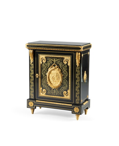 View full screen - View 1 of Lot 58. A Louis XVI style gilt-bronze-mounted tortoiseshell and ebonised wood cabinet, second half 19th century | Meuble à hauteur d'appui en marqueterie d'écaille, bois noirci et bronze doré de style Louis XVI, seconde moitié du XIXème siècle.