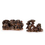 A carved bamboo-root 'fisherman' seal and a carved bamboo-root 'pine' brushrest, Early Qing dynasty 清初 竹根雕漁歸圖印 及 竹根雕松樹筆擱