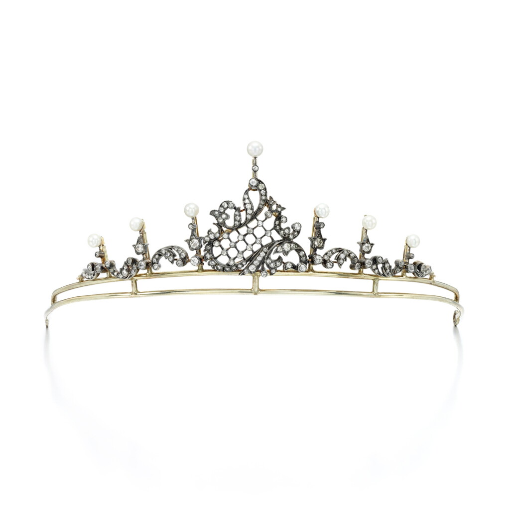 View full screen - View 1 of Lot 95. Pearl and diamond tiara, late 19th century.
