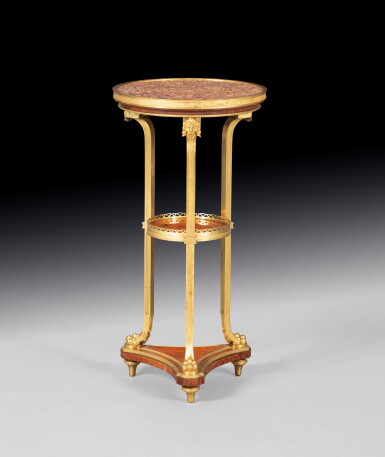 View full screen - View 1 of Lot 262. A mahogany, burr amboyna and gilt-bronze gueridon, Louis XVI style, 19th century, in the manner of Adam Weisweiler | Guéridon en placage d'acajou, loupe d'amboine et bronze doré de style Louis XVI, XIXe siècle, à la manière d'Adam Weisweiler.