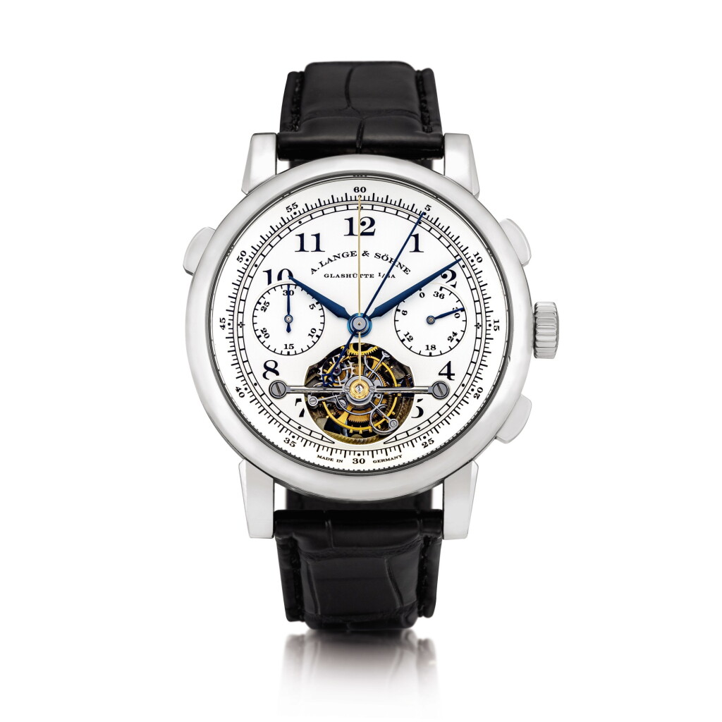 View full screen - View 1 of Lot 2025. A. Lange & Söhne | Tourbograph, A limited edition platinum tourbillon spilt seconds chronograph wristwatch with chain and fusée and power reserve indication, Circa 2006 | 朗格 | Tourbograph 限量版鉑金陀飛輪追針計時腕錶,備芝麻鏈及動力儲備顯示,約2006年製 .