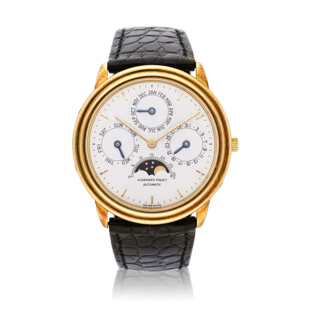 View full screen - View 1 of Lot 271. A yellow gold perpetual calendar wristwatch with moon phases, Circa 1985.