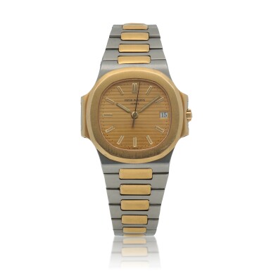 View full screen - View 1 of Lot 27. Nautilus, Ref. 3800/1 Stainless steel and yellow gold wristwatch with date and bracelet Circa 1998.