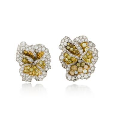 View full screen - View 1 of Lot 178. Pair of Diamond and Coloured Diamond Pansy Brooches .