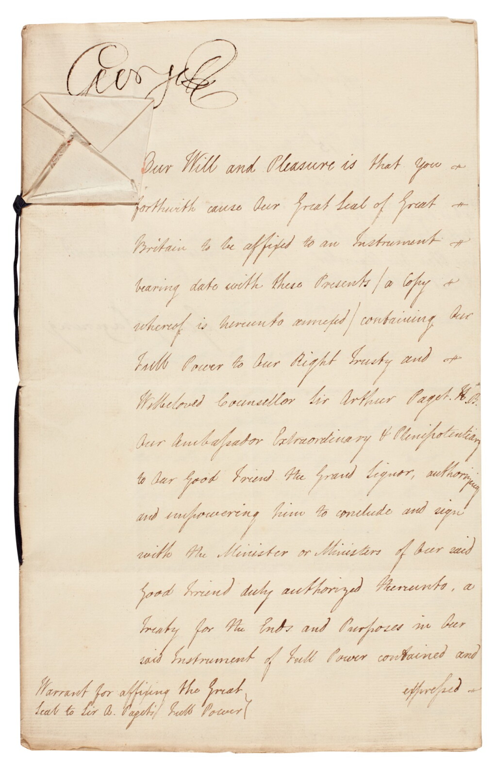 全螢幕檢視 - 查看45George III | document signed, appointing Sir Arthur Paget Ambassador to the Ottoman Empire, 1807的1