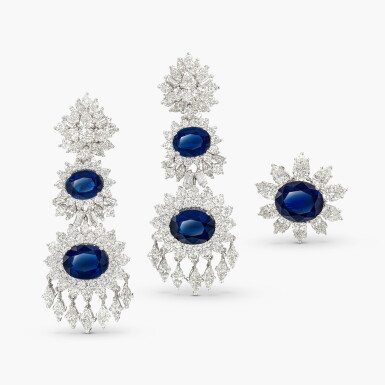 View full screen - View 1 of Lot 1477. Sapphire and Diamond Demi-Parure | 藍寶石 配 鑽石 戒指 及 耳墜套裝.