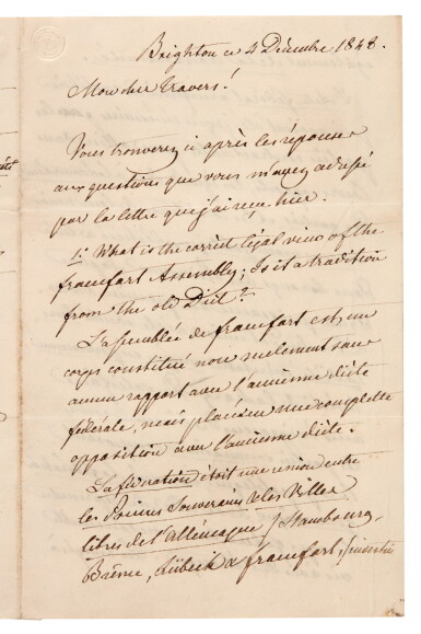 View full screen - View 1 of Lot 98. Prince Metternich | Autograph letter signed, to Sir Travers Twiss, on the Revolutions of 1848.