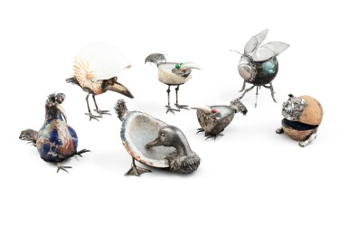 View full screen - View 1 of Lot 6. An Italian group of seven hardstone and shell animals with silver mounts, 20th century | Groupe de sept animaux en pierre dure et coquillage montés en argent, Italie, XXe siècle.