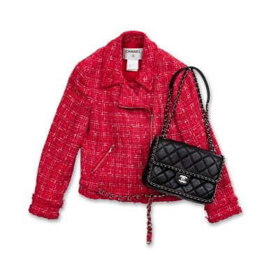 View full screen - View 1 of Lot 604. Set of Two Red and Pink Tweed Biker Jacket, 2006 and Black Quilted Calfskin Flap Bag Silver Hardware, 2019.