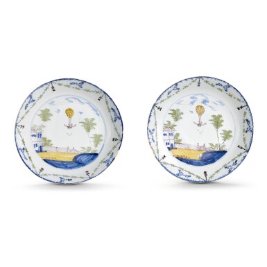 View full screen - View 1 of Lot 17. A pair of London Delftware polychrome ballooning dishes, circa 1785, Lambeth, probably Thomas Morgan and Abigail Griffith.