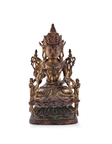 View full screen - View 1 of Lot 126. A gilt lacquered bronze figure of a bodhisattva Ming dynasty | 明 漆金銅普薩坐像.