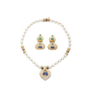 View full screen - View 1 of Lot 978. Cultured pearl, sapphire, emerald and diamond demi-parure.