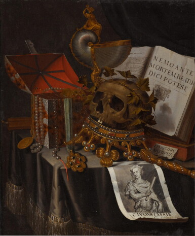 View full screen - View 1 of Lot 156. Vanitas still life with a laurelled skull upon an inverted crown.