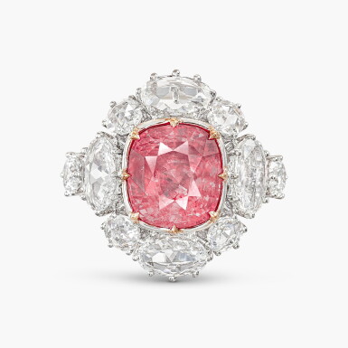 View full screen - View 1 of Lot 1766. Padparadscha Sapphire and Diamond Ring | 7.22克拉 天然「 斯里蘭卡」未經加熱 橙粉紅色剛玉 配 鑽石 戒指.