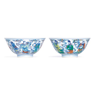 View full screen - View 1 of Lot 3623. A FINE AND SUPERBLY ENAMELLED PAIR OF DOUCAI 'EIGHT IMMORTALS' BOWLS MARKS AND PERIOD OF YONGZHENG | 清雍正 鬪彩八仙過海盌一對 《大清雍正年製》款.