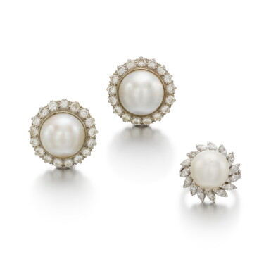 View full screen - View 1 of Lot 59. Cultured Pearl and Diamond Demi-Parure.