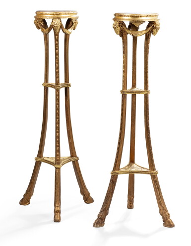 View full screen - View 1 of Lot 84. A pair of Louis XVI style regilt-wood stands | Paire de sellettes en bois redoré de style Louis XVI.