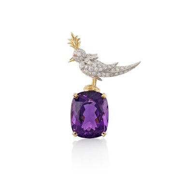 View full screen - View 1 of Lot 2958. 'Bird on a Rock' Amethyst and Diamond Brooch | 蒂芙尼 Schlumberger 設計 | 'Bird on a Rock' 紫水晶 配 鑽石 胸針.
