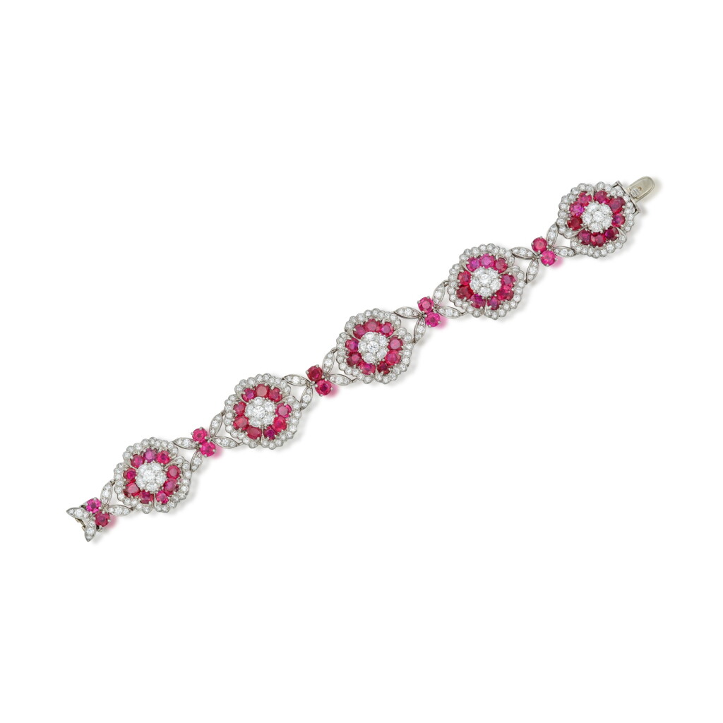 View full screen - View 1 of Lot 101. Ruby and Diamond 'Camellia' Bracelet.