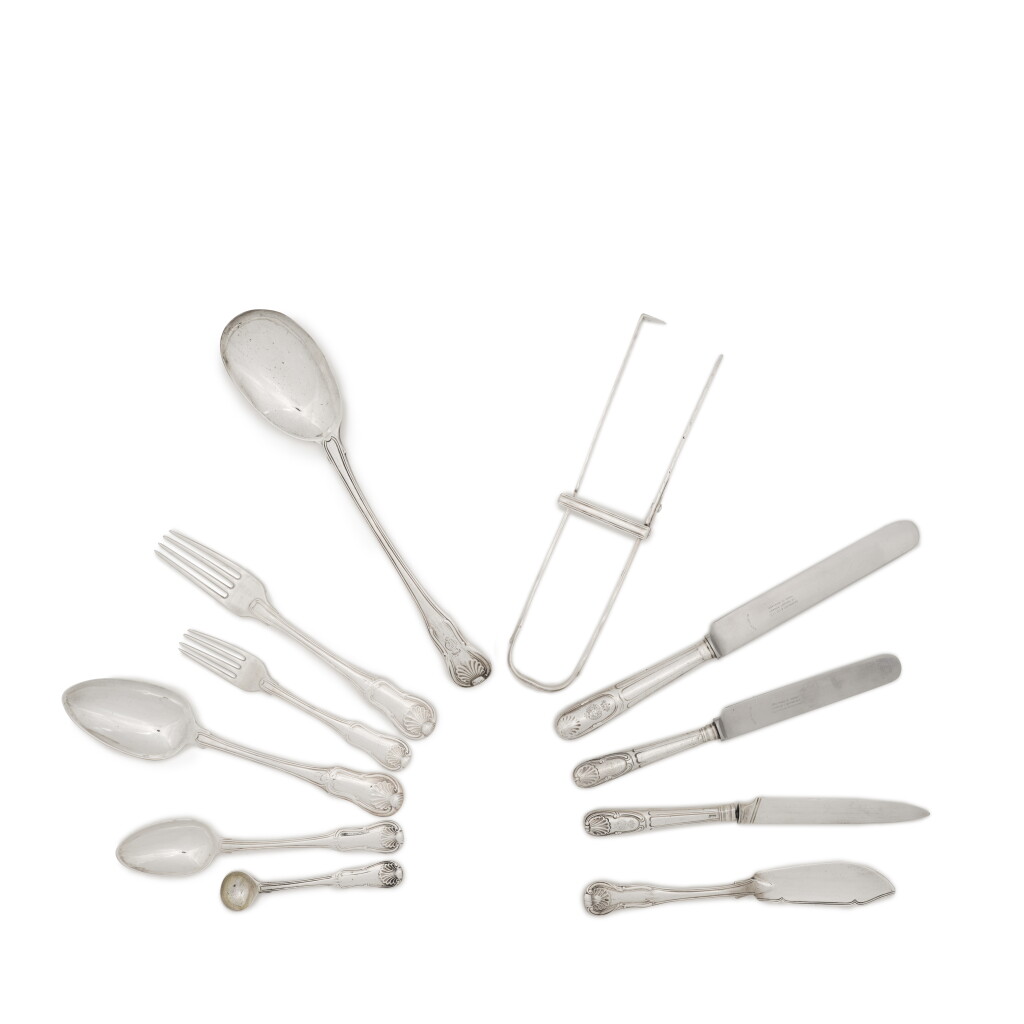 View full screen - View 1 of Lot 40. An extensive Hourglass pattern silver flatware service, the majority George III.
