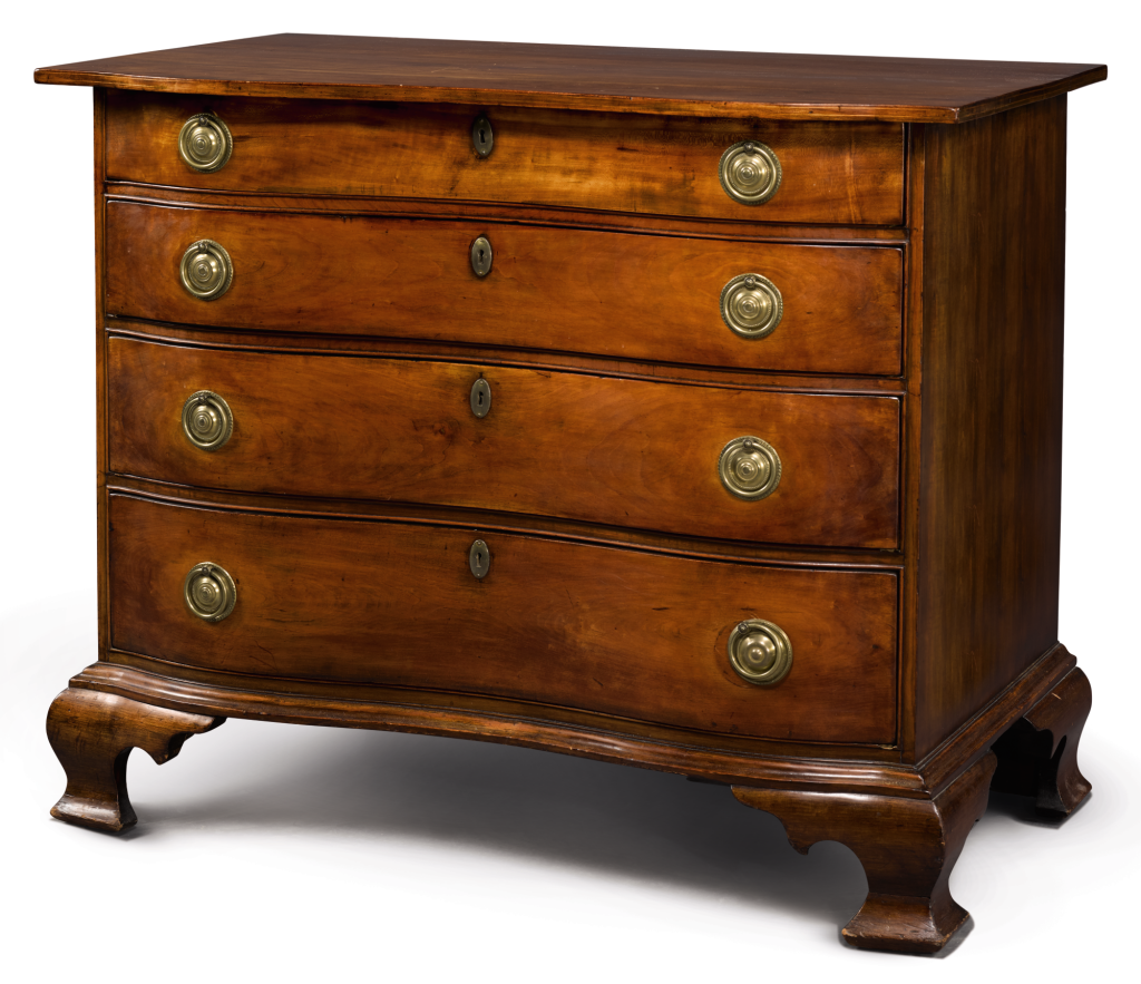 View full screen - View 1 of Lot 1209. FINE CHIPPENDALE CARVED AND FIGURED CHERRYWOOD SERPENTINE-FRONT CHEST OF DRAWERS, CONNECTICUT, CIRCA 1770.