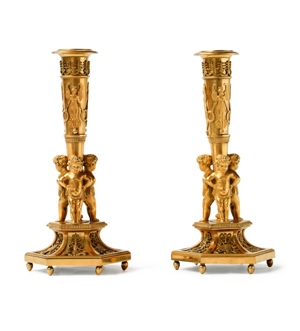 View full screen - View 1 of Lot 66. A PAIR OF LATE LOUIS XVI GILT-BRONZE CANDLESTICKS, CIRCA 1790 | PAIRE DE FLAMBEAUX EN BRONZE DORÉ DE LA FIN DE L'ÉPOQUE LOUIS XVI, VERS 1790.