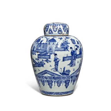 View full screen - View 1 of Lot 142. A blue and white 'ladies' jar and cover, Qing dynasty, Kangxi period.