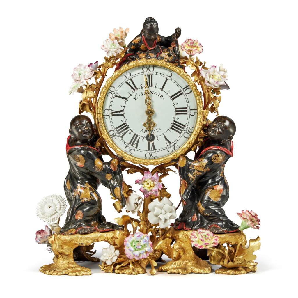 View full screen - View 1 of Lot 1085. A Louis XV Porcelain-Mounted Gilt, Patinated and Polychrome Lacquered Bronze Mantel Clock, Circa 1750.