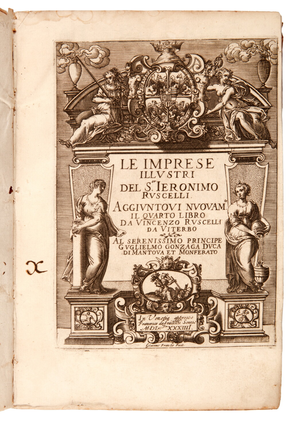 View full screen - View 1 of Lot 266. Ruscelli, Le imprese illustri, Venice, 1584, contemporary limp vellum.