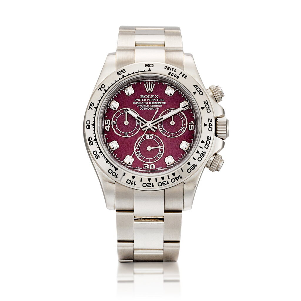 View full screen - View 1 of Lot 8028. Cosmograph Daytona, Reference 116509 | A white gold and diamond-set chronograph wristwatch with grossular garnet rubellite dial, Circa 2013 | 勞力士 | Cosmograph Daytona 型號116509 | 白金鑲鑽石計時腕錶,備石榴石錶盤,約2013年製.