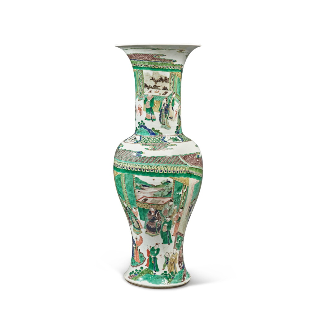 View full screen - View 1 of Lot 655. A large famille-verte 'figural' phoenix-tail vase, Qing dynasty, Kangxi period | 清康熙 五彩庭院人物圖大鳳尾尊.
