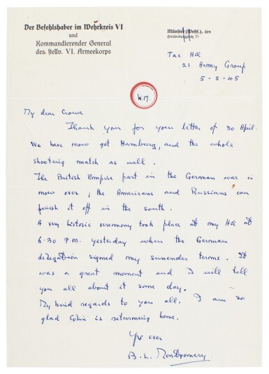 View full screen - View 1 of Lot 100. Field Marshal Montgomery of Alamein | Series of letters to Sir Edward Crowe, 1942-59.