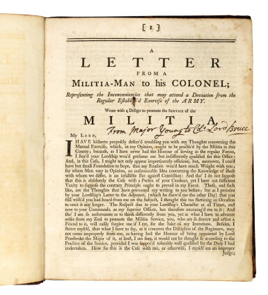 View full screen - View 1 of Lot 468. A Letter from a Militia-Man to his Colonel, and related manuscripts on drill, 18th century.