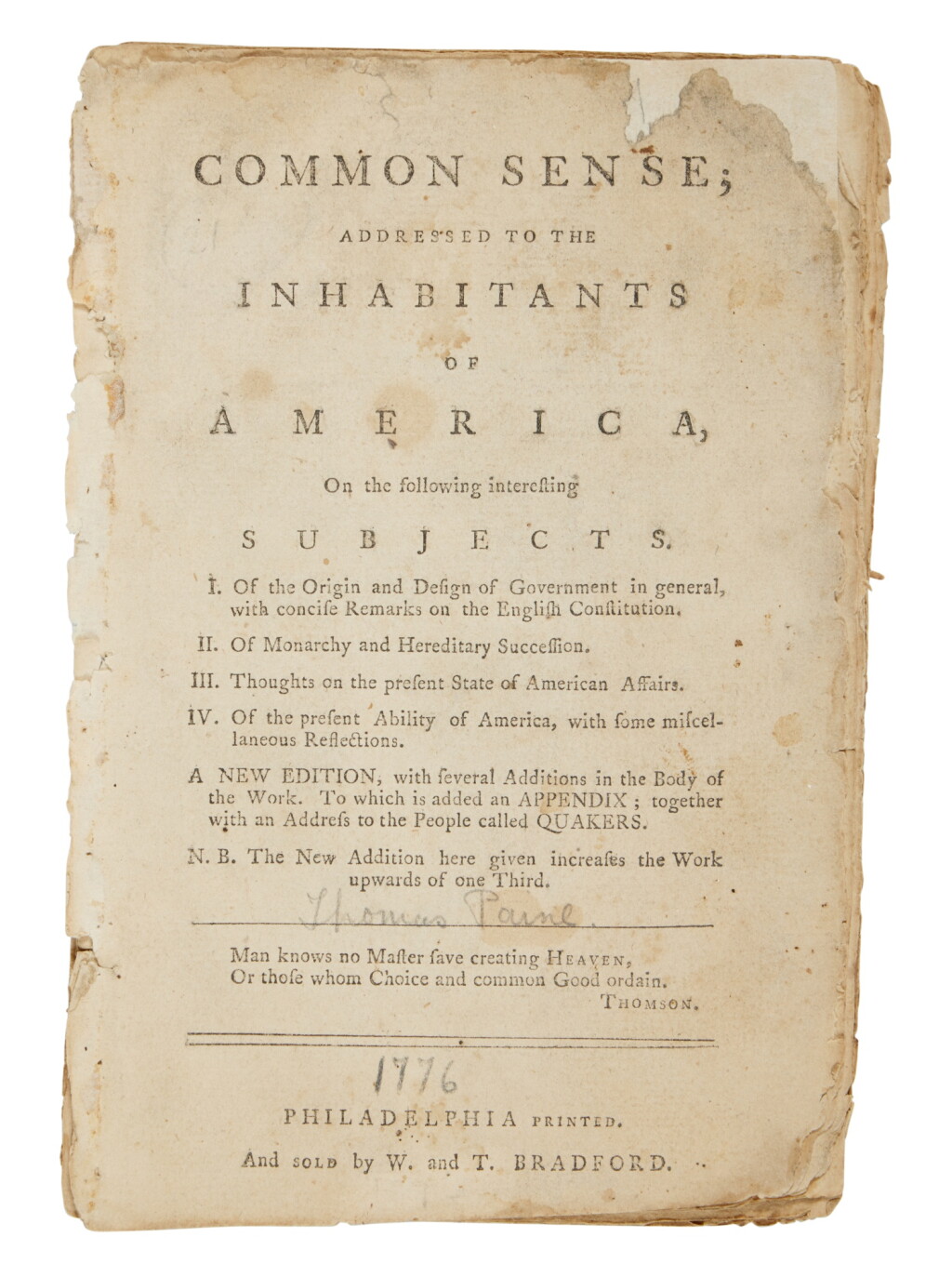 View full screen - View 1 of Lot 1017. Paine, Thomas | A 1776 Philadelphia text of "Common Sense".