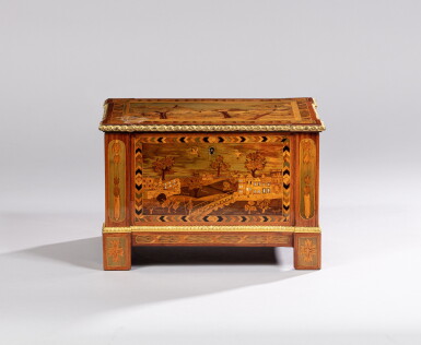 View full screen - View 1 of Lot 63. A Louis XVI gilt-bronze mounted and tulipwood, boxwood, tainted maplewood and mother-of-pearl marquetry jewels box, 18th century | Coffret à bijoux en bois de placage de bois de rose, sycomore, buis, palissandre et nacre et monture de bronze doré, d'époque Louis XVI.